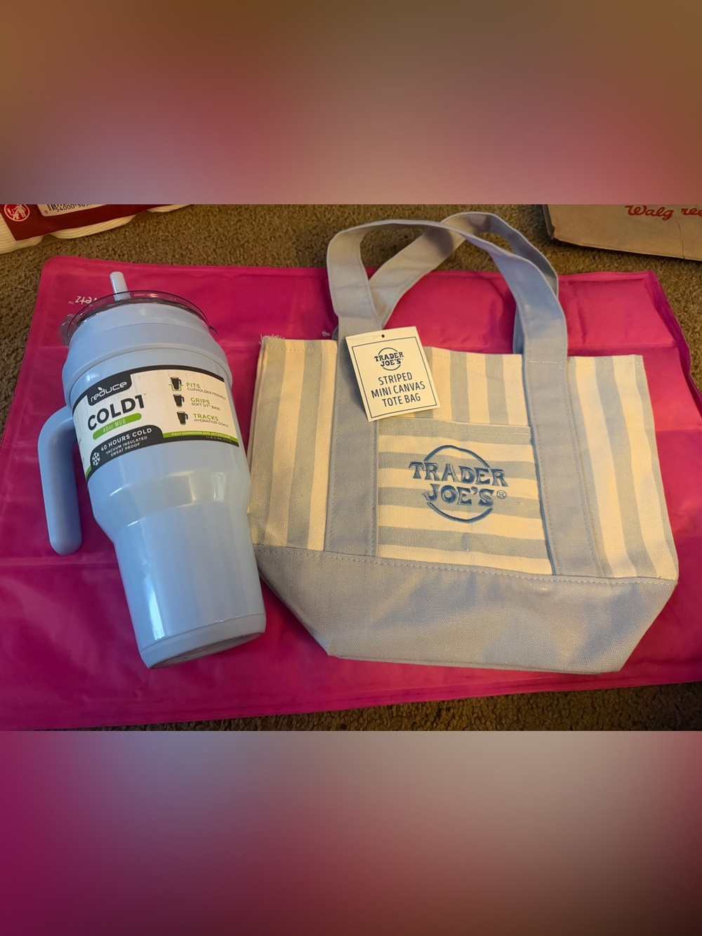 Trader Joe's Striped Mini Canvas Tote Bag  and reduce bottle